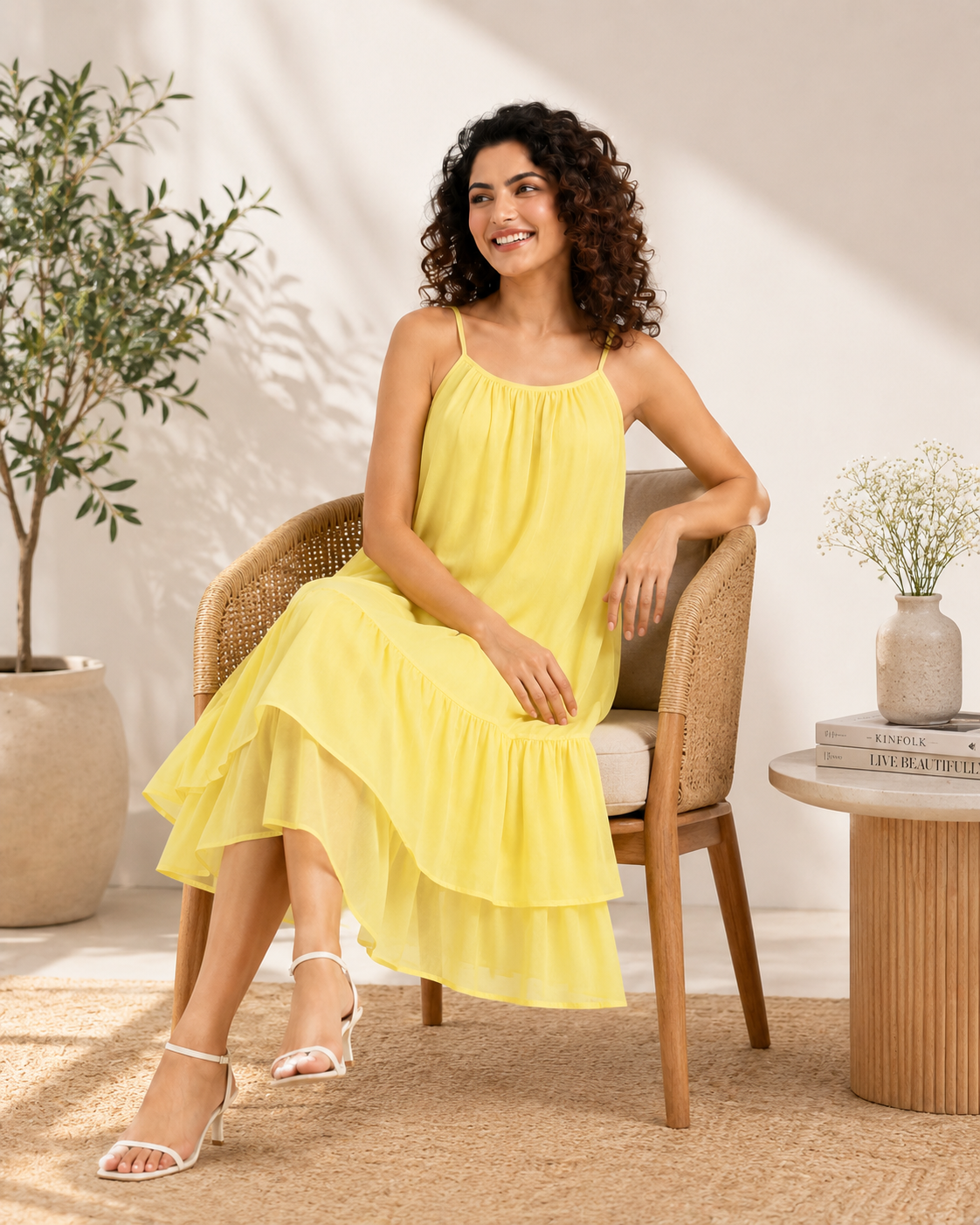 Yellow Tiered Cotton Midi Dress with Adjustable Spaghetti Straps, Side Pockets & Inner Lining