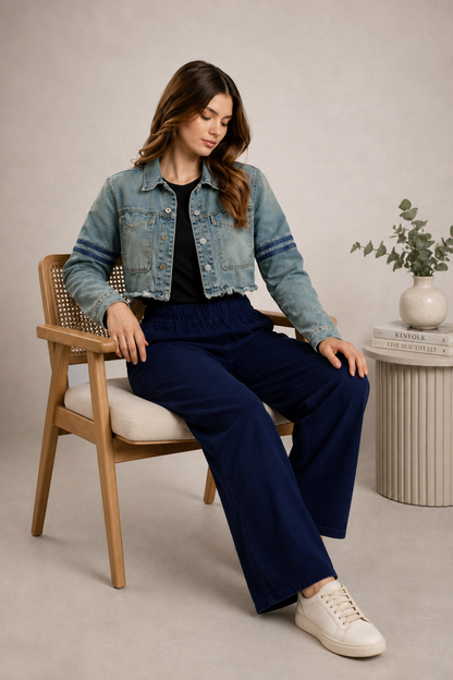 Navy Blue Wide Leg Cotton Pants | Elastic Waist | 2 Side Pockets | Relaxed Fit