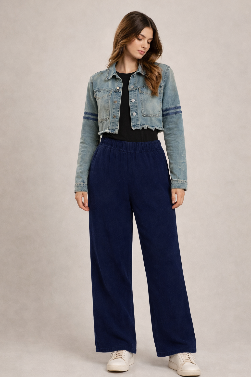 Navy Blue Wide Leg Cotton Pants | Elastic Waist | 2 Side Pockets | Relaxed Fit