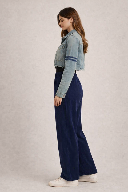 Navy Blue Wide Leg Cotton Pants | Elastic Waist | 2 Side Pockets | Relaxed Fit