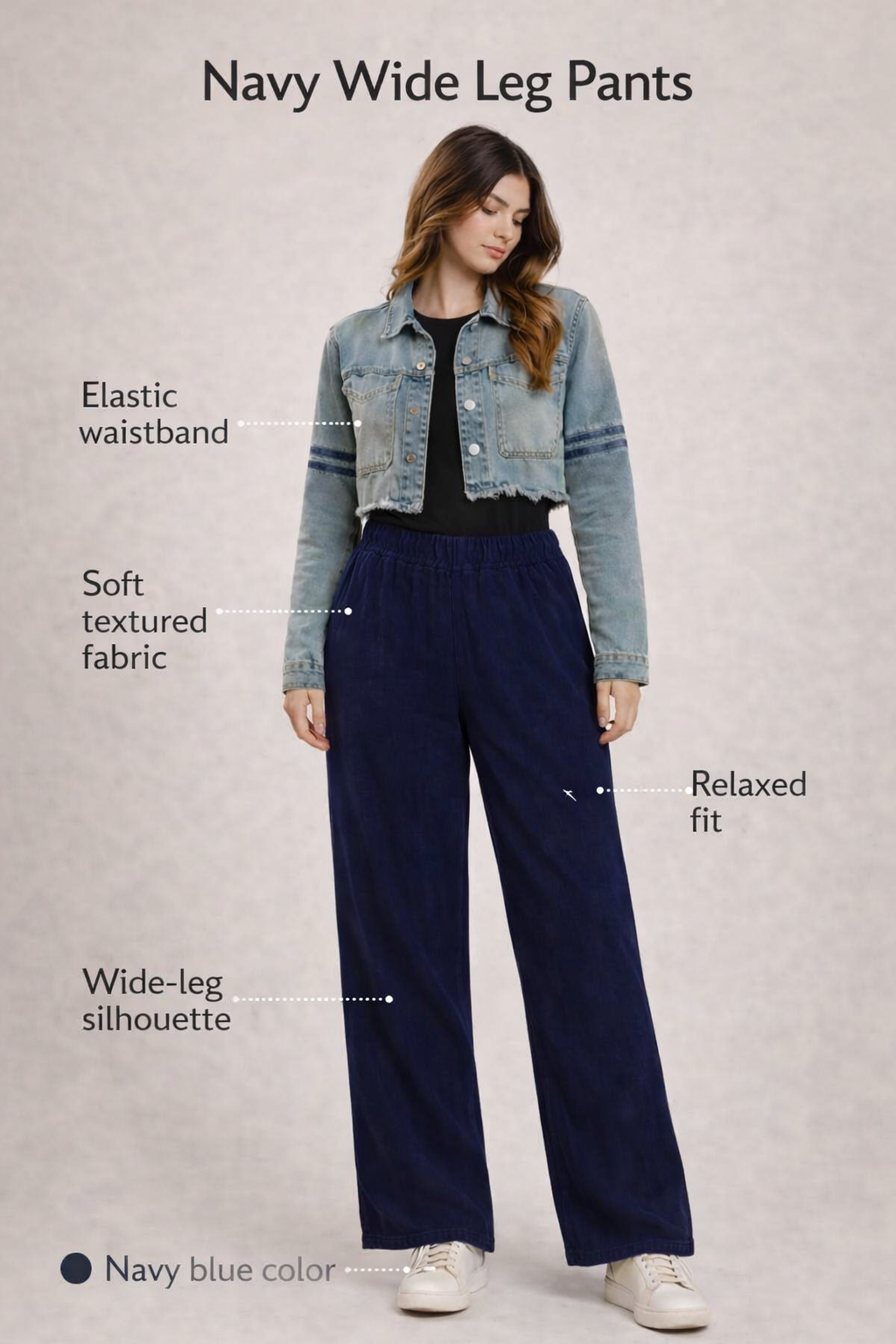 Navy Blue Wide Leg Cotton Pants | Elastic Waist | 2 Side Pockets | Relaxed Fit