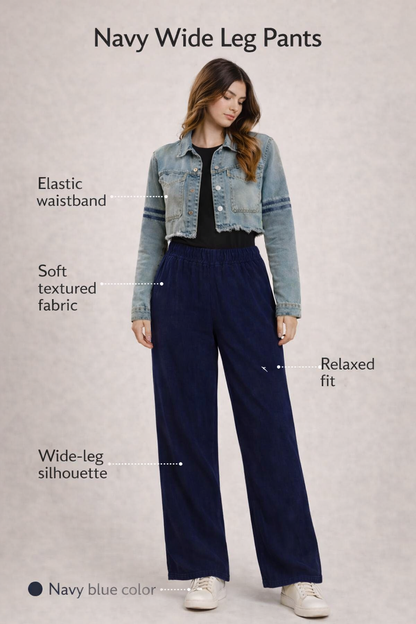 Navy Blue Wide Leg Cotton Pants | Elastic Waist | 2 Side Pockets | Relaxed Fit