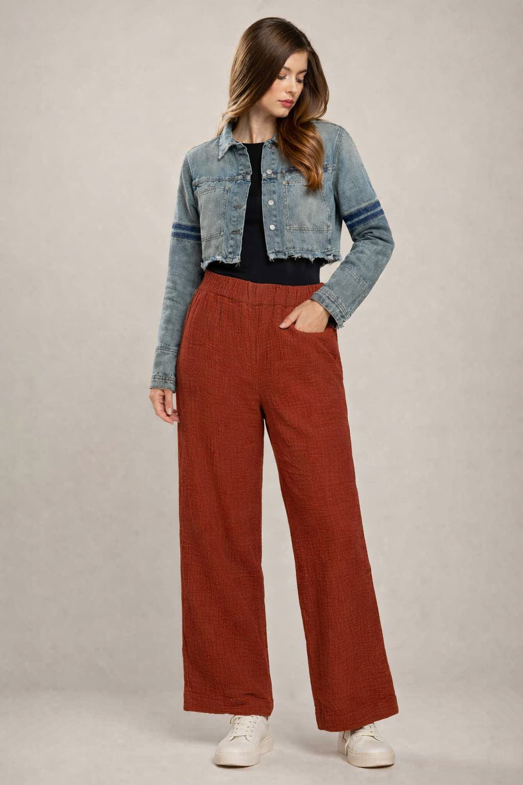 Rust Wide Leg Cotton Pants | Elastic Waist | 2 Side Pockets | Relaxed Fit