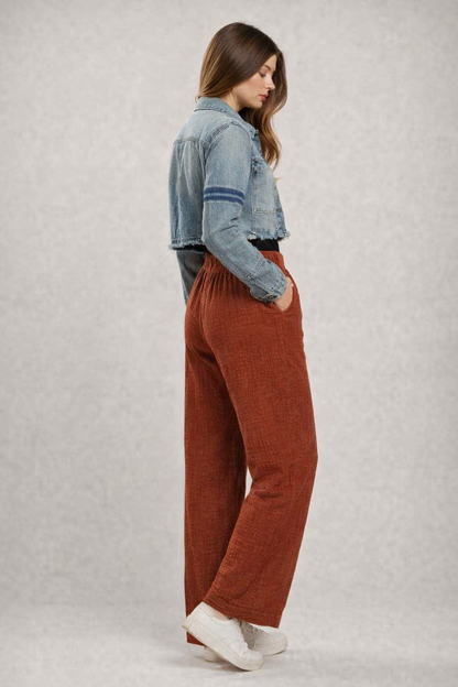 Rust Wide Leg Cotton Pants | Elastic Waist | 2 Side Pockets | Relaxed Fit