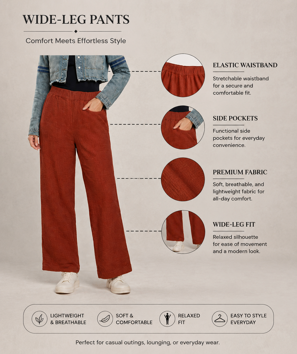 Rust Wide Leg Cotton Pants | Elastic Waist | 2 Side Pockets | Relaxed Fit