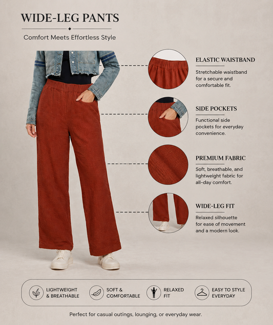 Rust Wide Leg Cotton Pants | Elastic Waist | 2 Side Pockets | Relaxed Fit