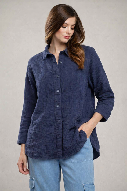 Navy Blue Textured 100% Cotton Casual Shirt | Button Down Relaxed Fit Top
