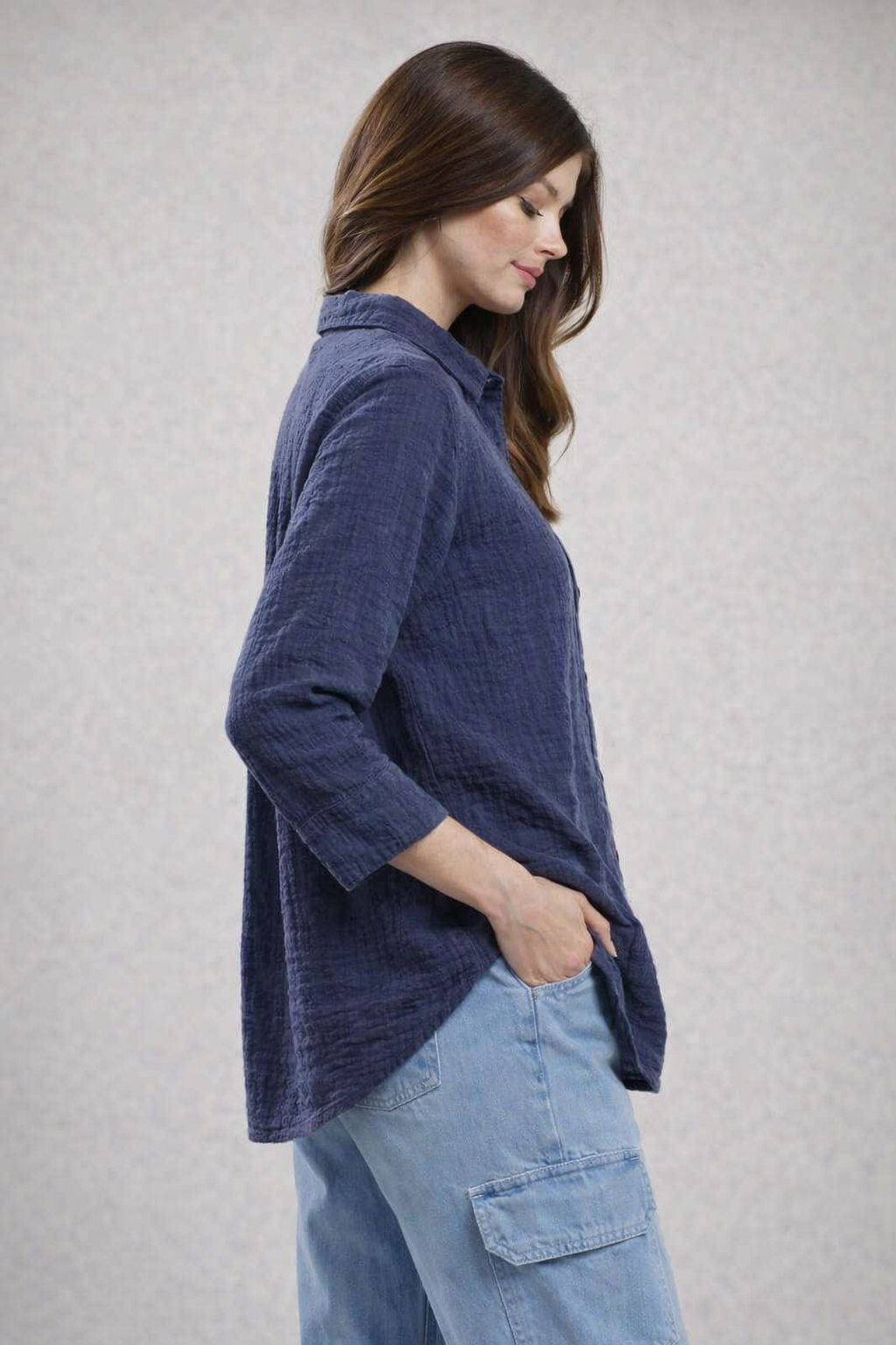 Navy Blue Textured 100% Cotton Casual Shirt | Button Down Relaxed Fit Top