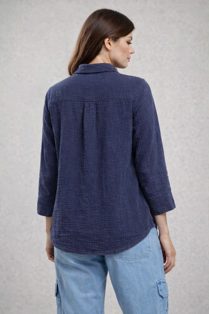 Navy Blue Textured 100% Cotton Casual Shirt | Button Down Relaxed Fit Top