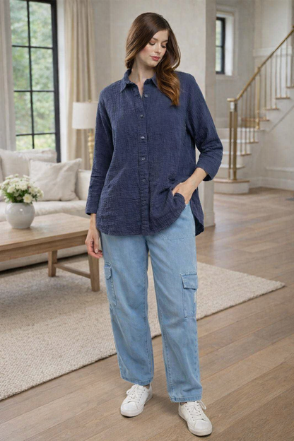 Navy Blue Textured 100% Cotton Casual Shirt | Button Down Relaxed Fit Top