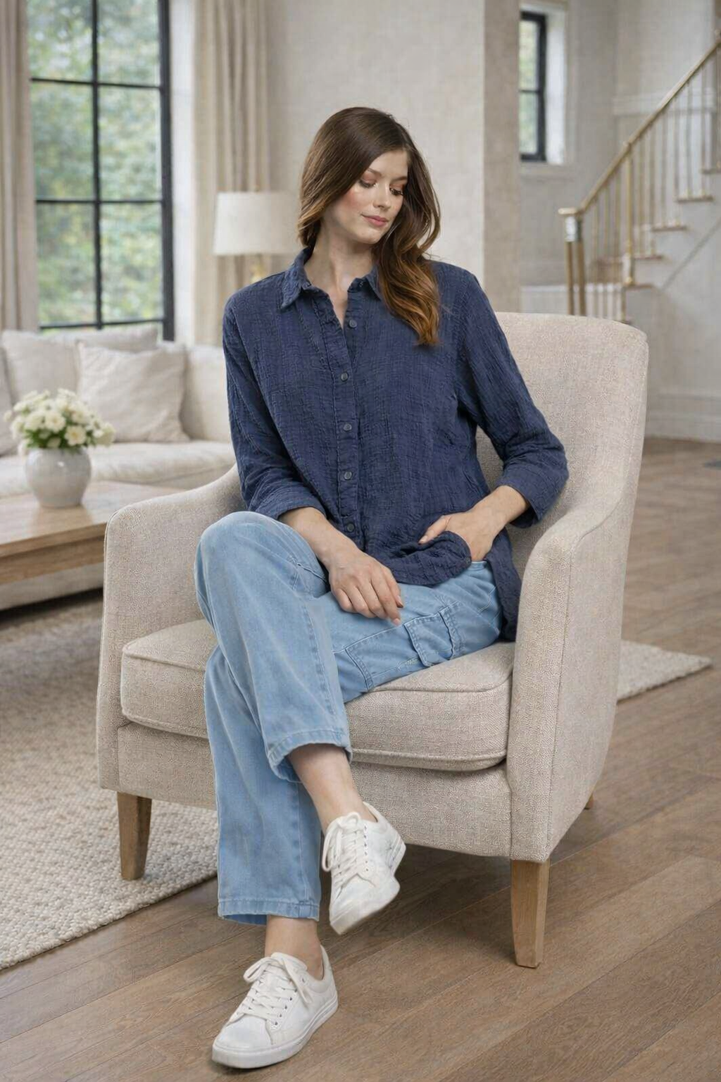 Navy Blue Textured 100% Cotton Casual Shirt | Button Down Relaxed Fit Top