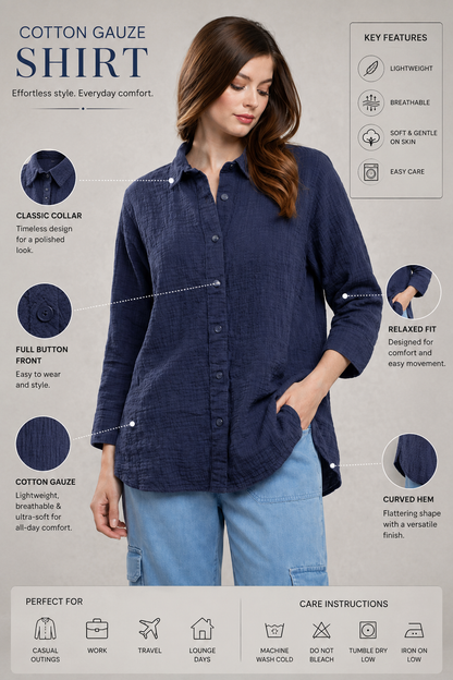 Navy Blue Textured 100% Cotton Casual Shirt | Button Down Relaxed Fit Top