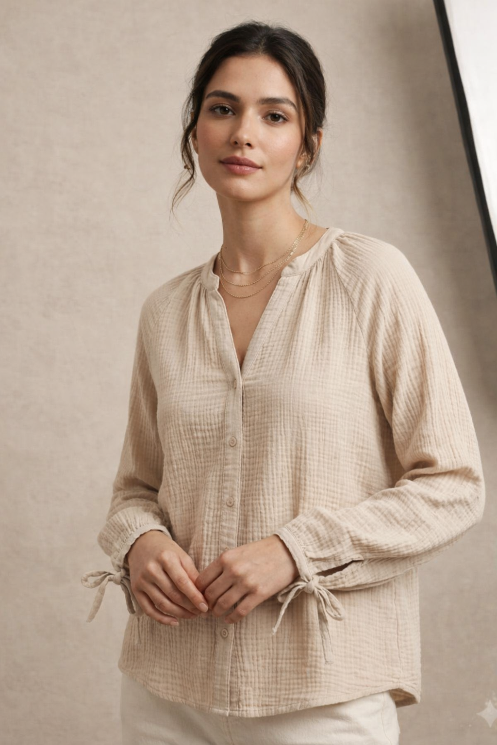 Beige Textured 100% Cotton Casual Shirt with Button Closure, Tie-Up Cuffs & Relaxed Fit