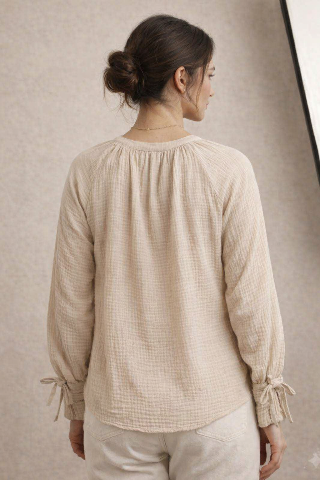Beige Textured 100% Cotton Casual Shirt with Button Closure, Tie-Up Cuffs & Relaxed Fit