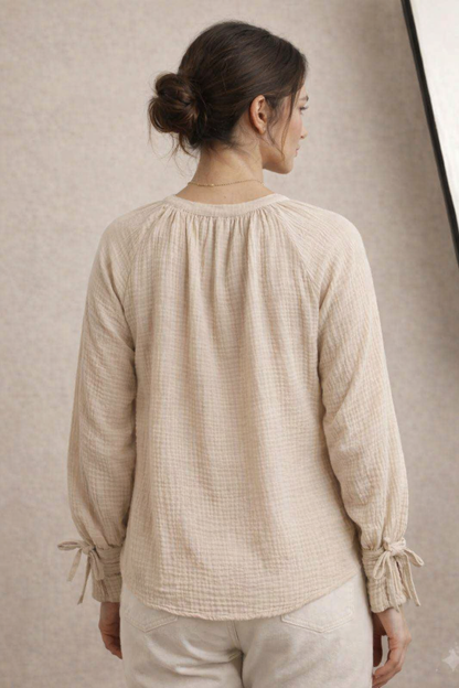 Beige Textured 100% Cotton Casual Shirt with Button Closure, Tie-Up Cuffs & Relaxed Fit