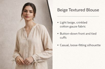 Beige Textured 100% Cotton Casual Shirt with Button Closure, Tie-Up Cuffs & Relaxed Fit