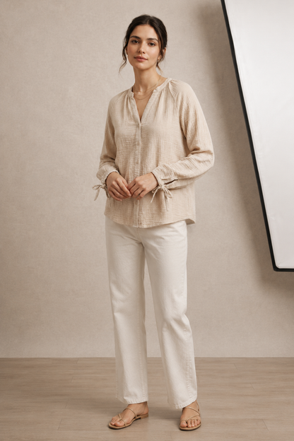 Beige Textured 100% Cotton Casual Shirt with Button Closure, Tie-Up Cuffs & Relaxed Fit