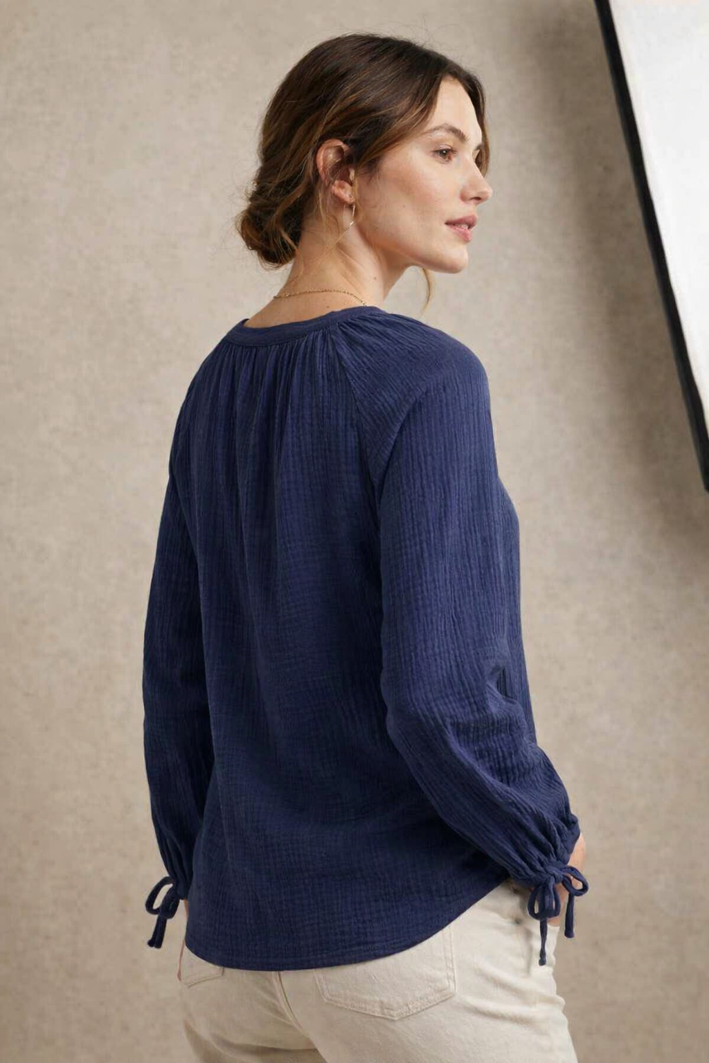 Navy Blue Textured 100% Cotton Casual Shirt with Button Closure, Tie-Up Cuffs & Relaxed Fit