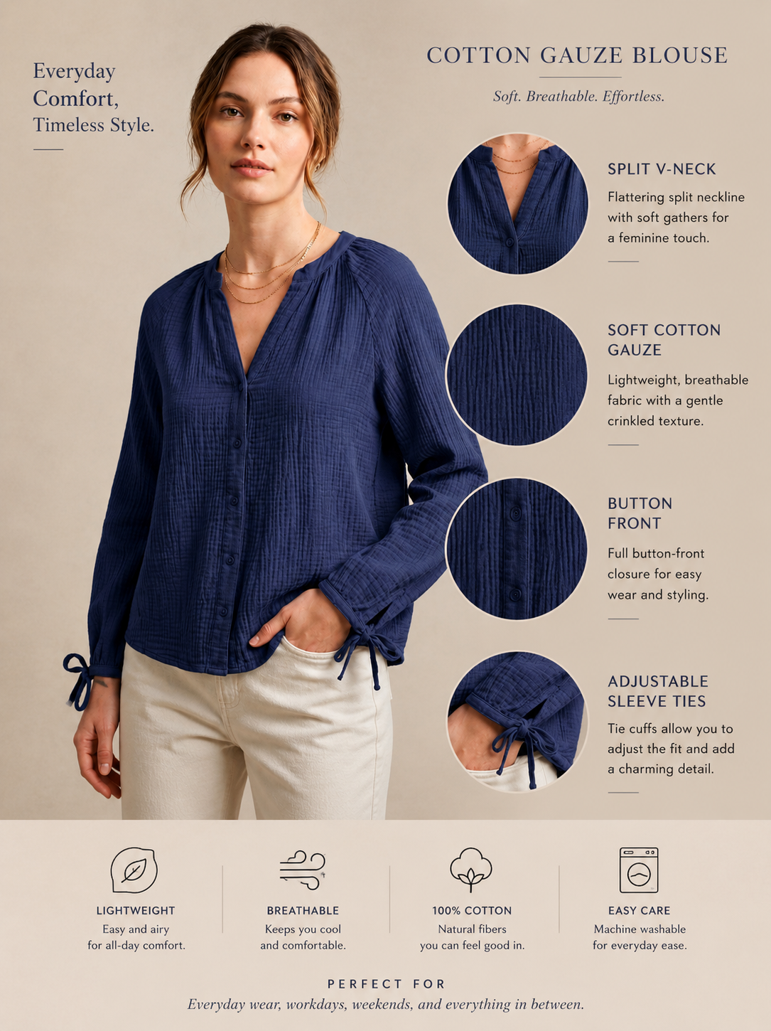 Navy Blue Textured 100% Cotton Casual Shirt with Button Closure, Tie-Up Cuffs & Relaxed Fit