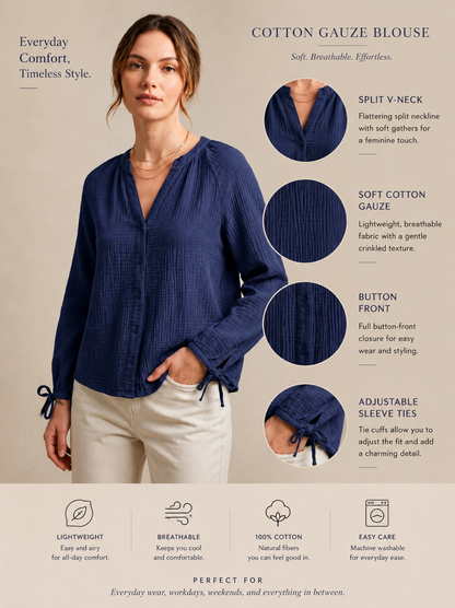 Navy Blue Textured 100% Cotton Casual Shirt with Button Closure, Tie-Up Cuffs & Relaxed Fit