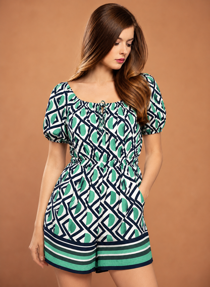 Floral Print Off-Shoulder Romper with Pockets | Viscose Casual Playsuit Green