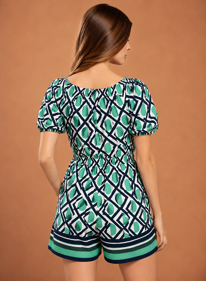 Floral Print Off-Shoulder Romper with Pockets | Viscose Casual Playsuit Green