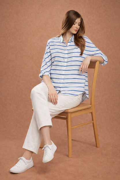 White & Blue Striped Oversized Shirt | Loose Fit Casual Button-Down Shirt