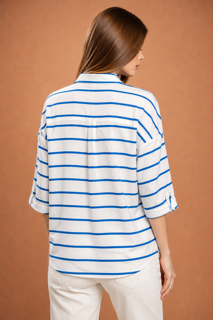 White & Blue Striped Oversized Shirt | Loose Fit Casual Button-Down Shirt
