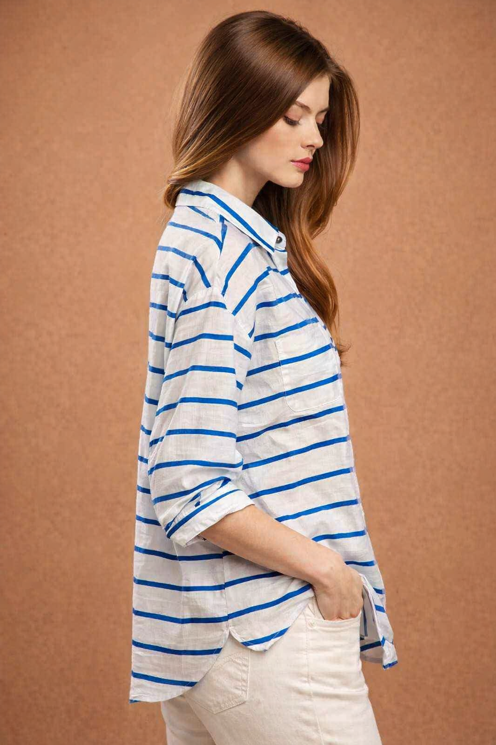 White & Blue Striped Oversized Shirt | Loose Fit Casual Button-Down Shirt
