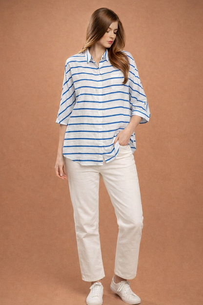 White & Blue Striped Oversized Shirt | Loose Fit Casual Button-Down Shirt