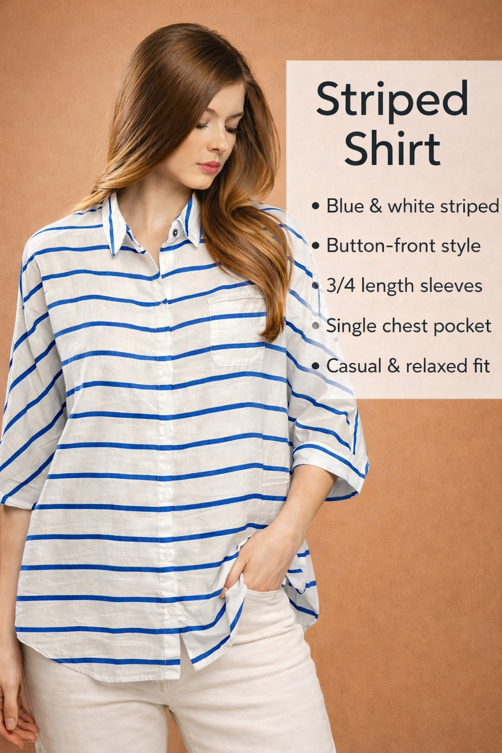 White & Blue Striped Oversized Shirt | Loose Fit Casual Button-Down Shirt