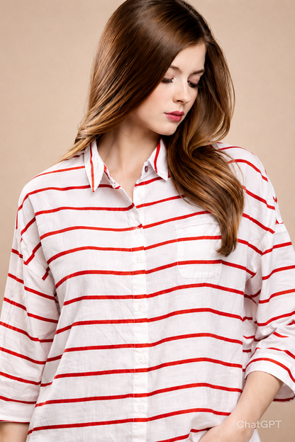 White & Red Striped Oversized Shirt | Loose Fit Casual Button-Down Shirt