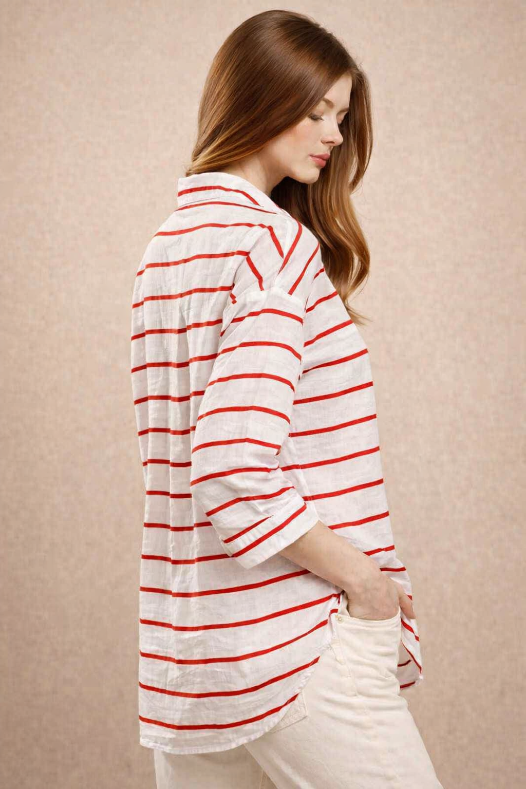 White & Red Striped Oversized Shirt | Loose Fit Casual Button-Down Shirt
