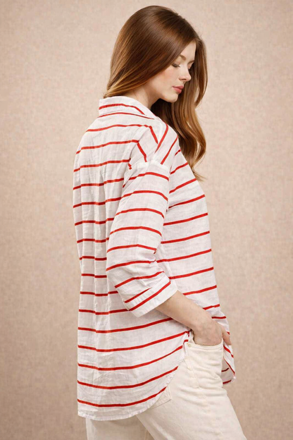 White & Red Striped Oversized Shirt | Loose Fit Casual Button-Down Shirt