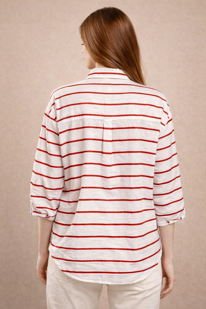 White & Red Striped Oversized Shirt | Loose Fit Casual Button-Down Shirt