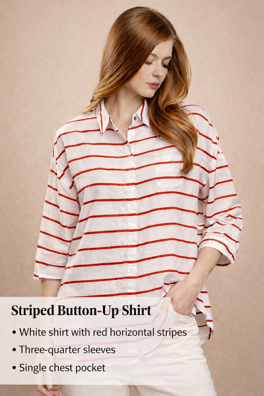 White & Red Striped Oversized Shirt | Loose Fit Casual Button-Down Shirt