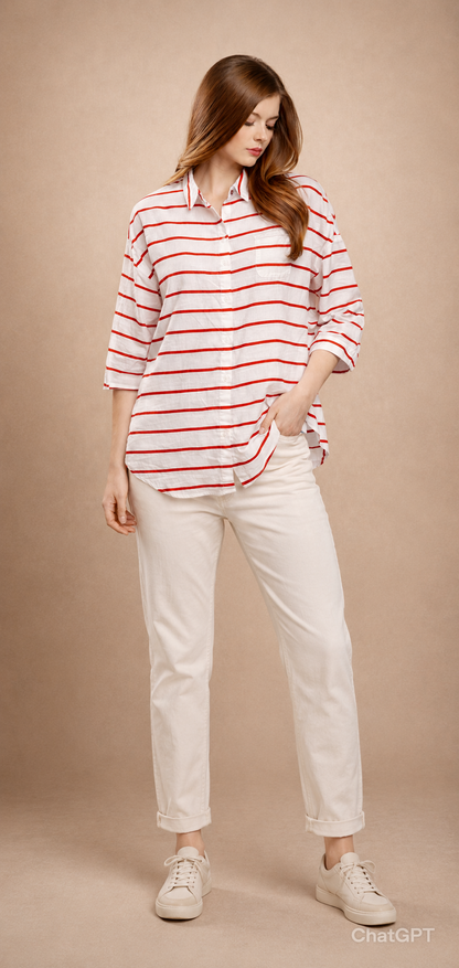 White & Red Striped Oversized Shirt | Loose Fit Casual Button-Down Shirt
