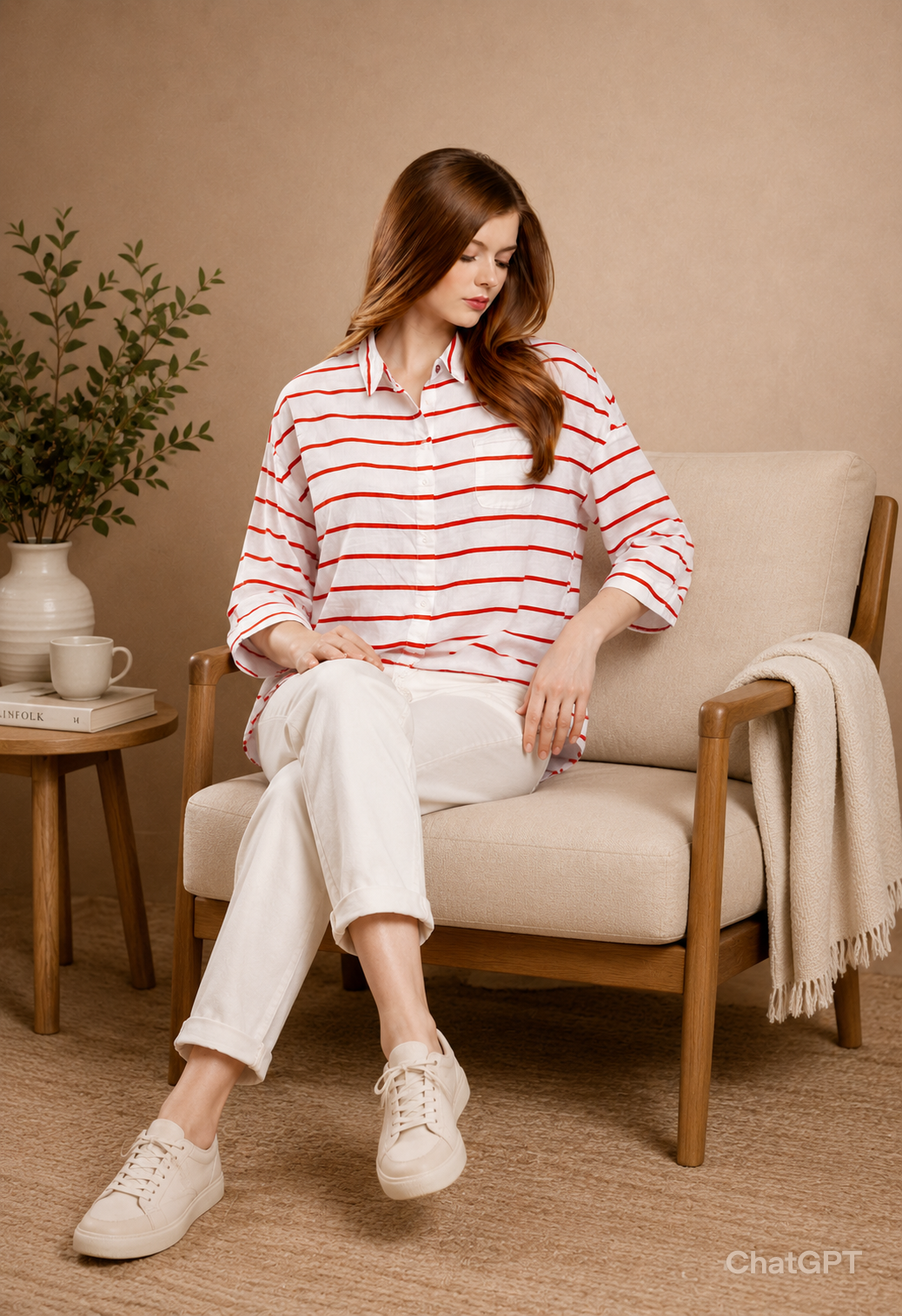 White & Red Striped Oversized Shirt | Loose Fit Casual Button-Down Shirt
