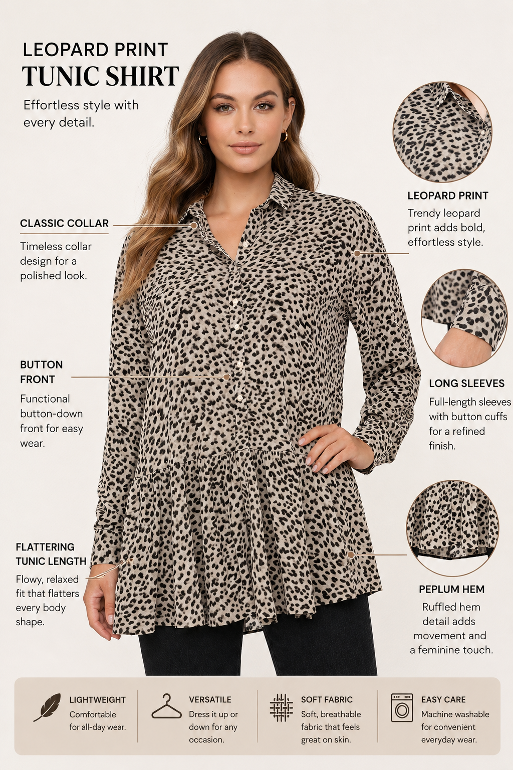 Beige Leopard Print Tunic Shirt | Loose Fit Long Sleeve Peplum Top