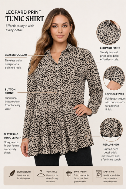 Beige Leopard Print Tunic Shirt | Loose Fit Long Sleeve Peplum Top
