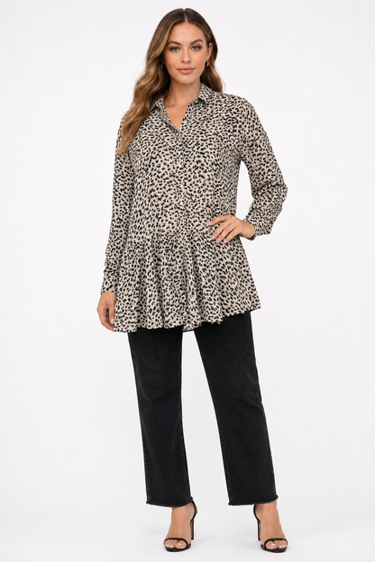 Beige Leopard Print Tunic Shirt | Loose Fit Long Sleeve Peplum Top