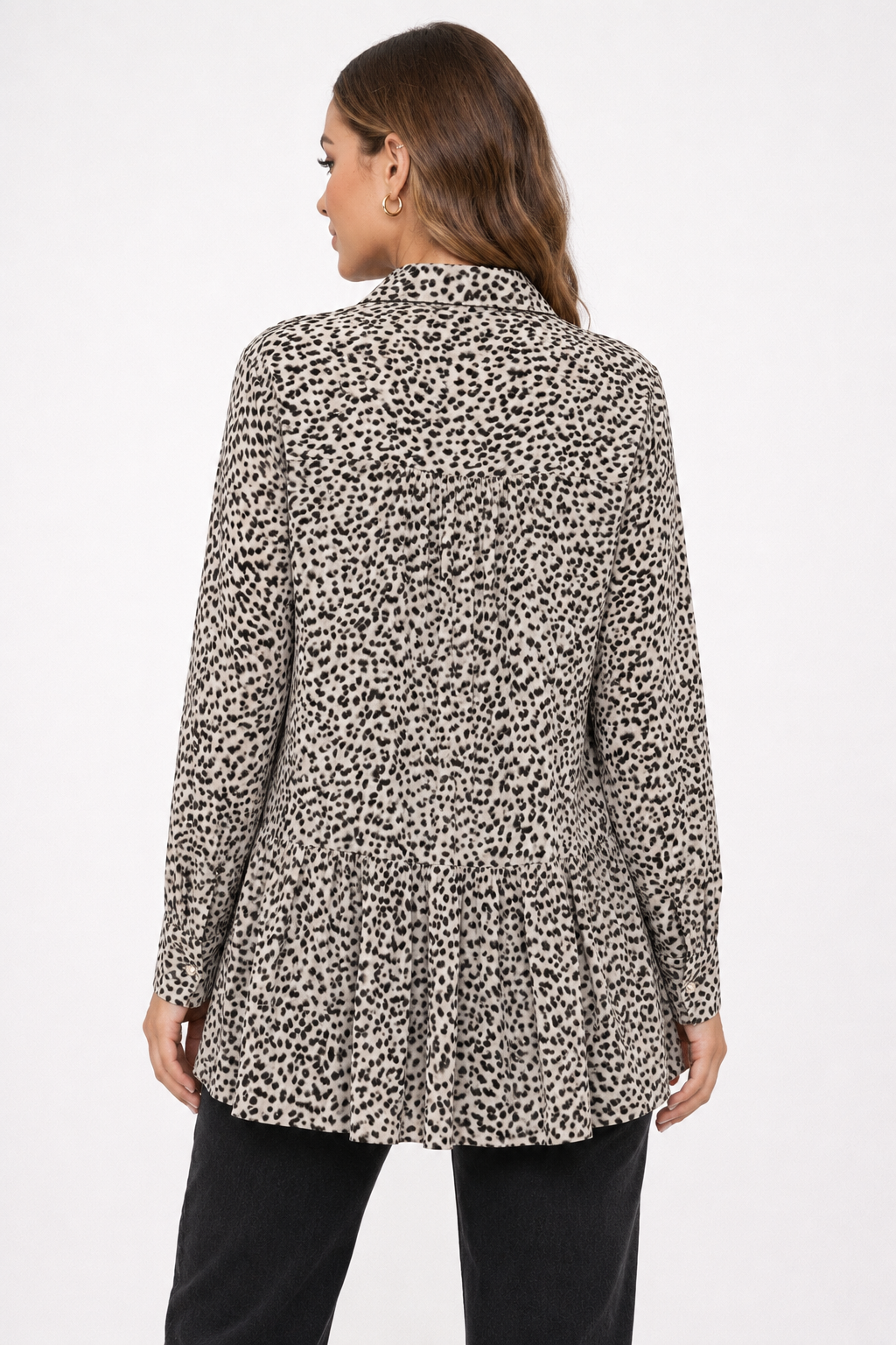 Beige Leopard Print Tunic Shirt | Loose Fit Long Sleeve Peplum Top