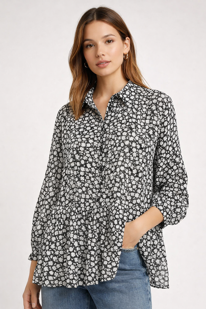 Black Leopard Print Tunic Shirt | Loose Fit Long Sleeve Peplum Top