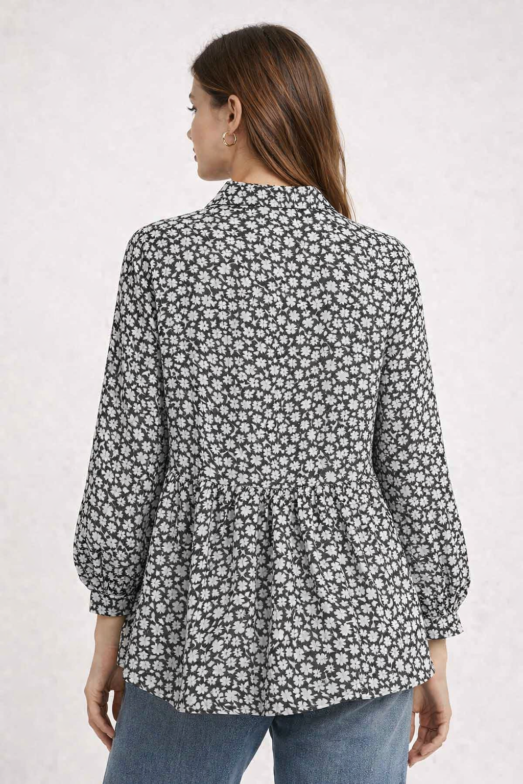 Black Leopard Print Tunic Shirt | Loose Fit Long Sleeve Peplum Top