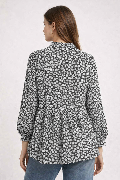 Black Leopard Print Tunic Shirt | Loose Fit Long Sleeve Peplum Top