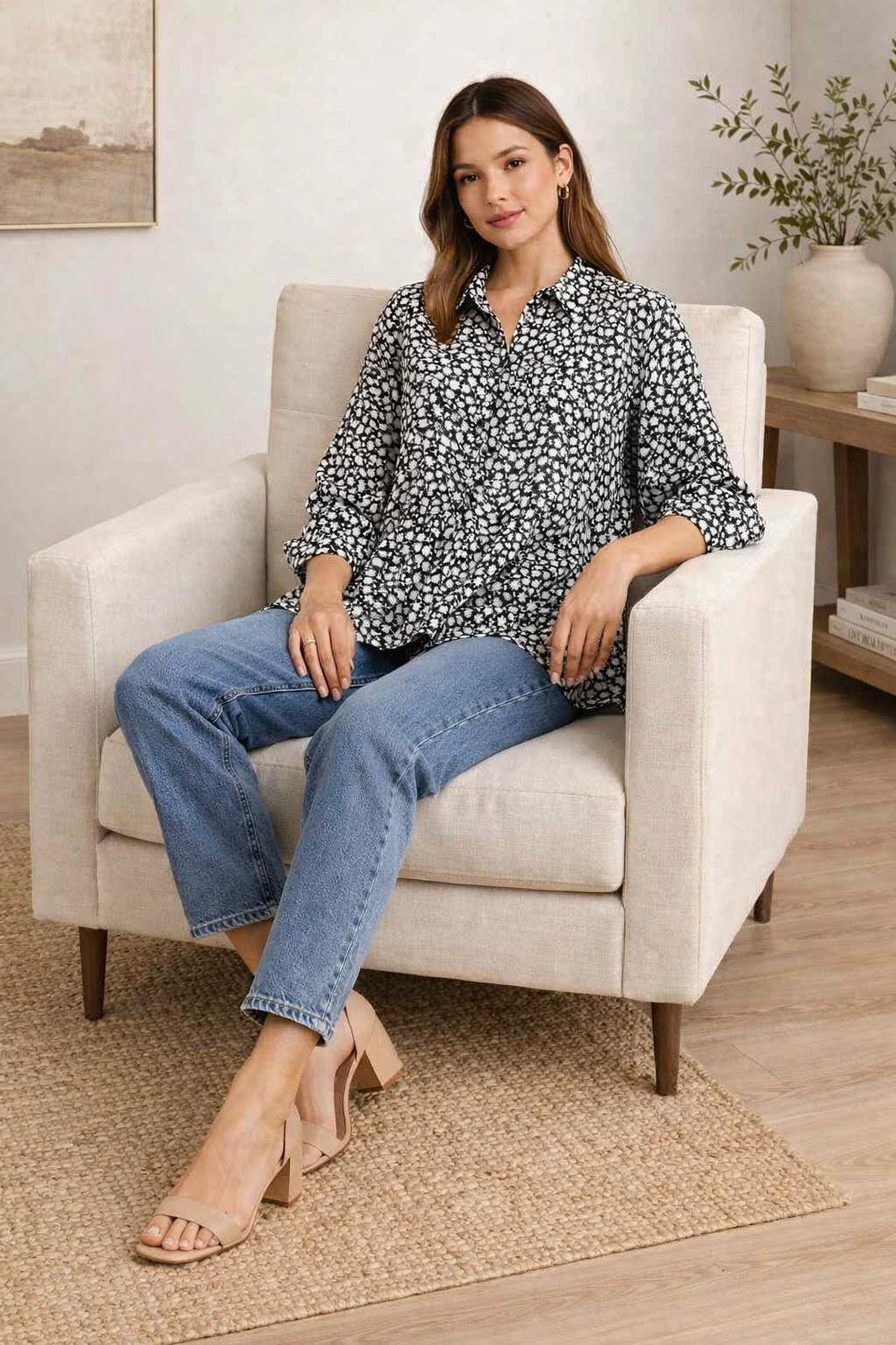 Black Leopard Print Tunic Shirt | Loose Fit Long Sleeve Peplum Top