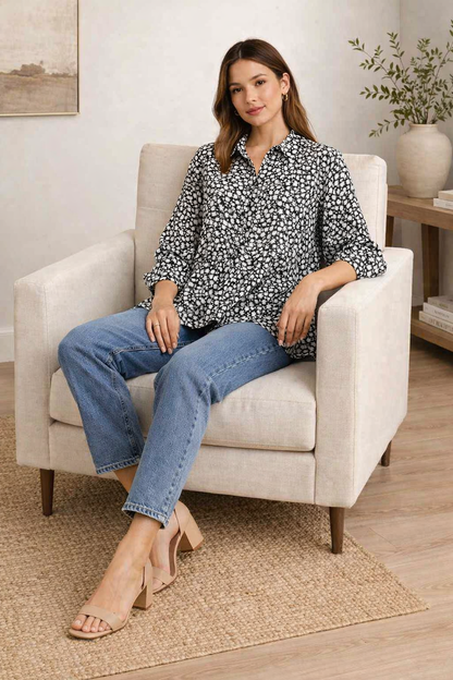 Black Leopard Print Tunic Shirt | Loose Fit Long Sleeve Peplum Top