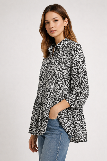 Black Leopard Print Tunic Shirt | Loose Fit Long Sleeve Peplum Top