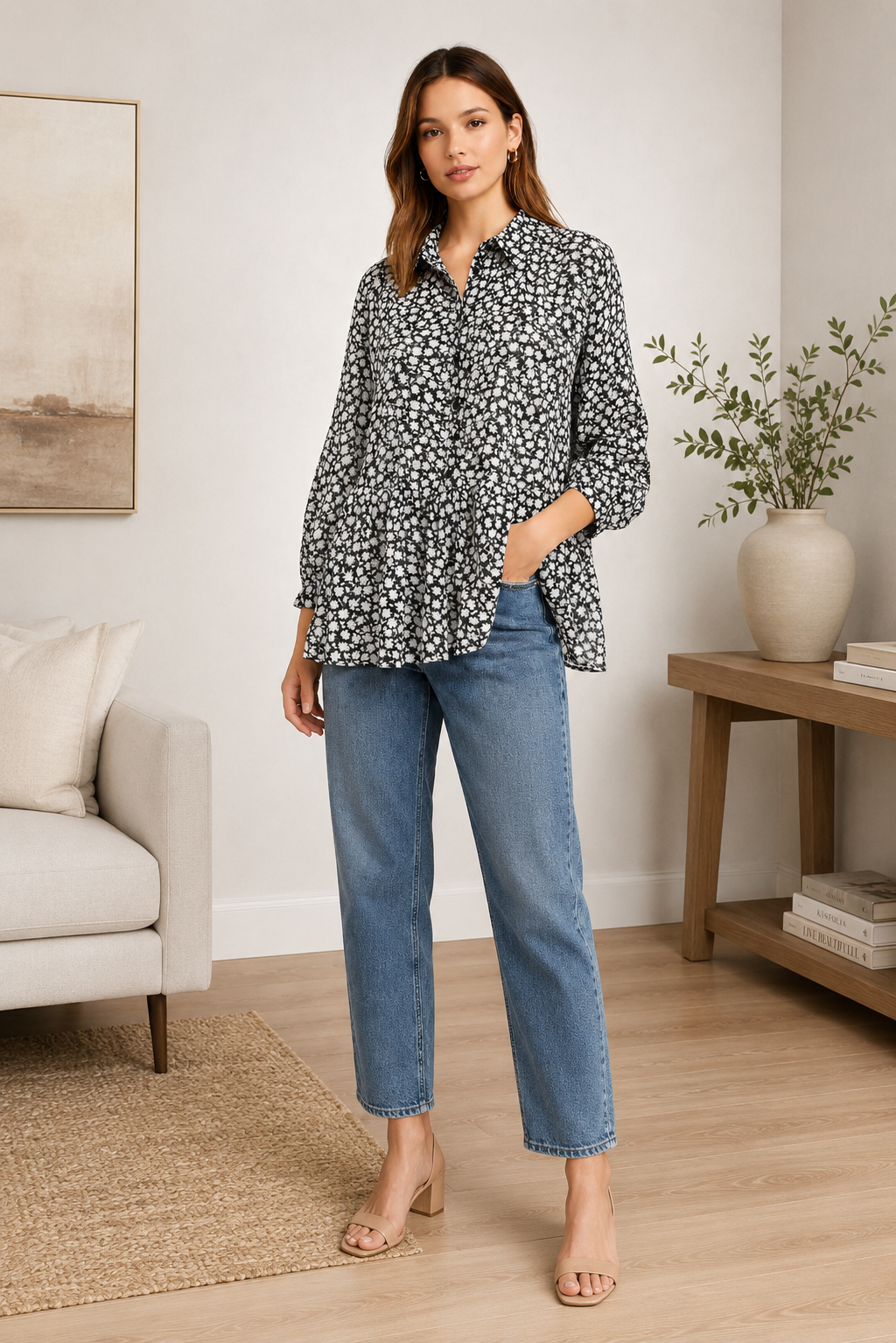 Black Leopard Print Tunic Shirt | Loose Fit Long Sleeve Peplum Top