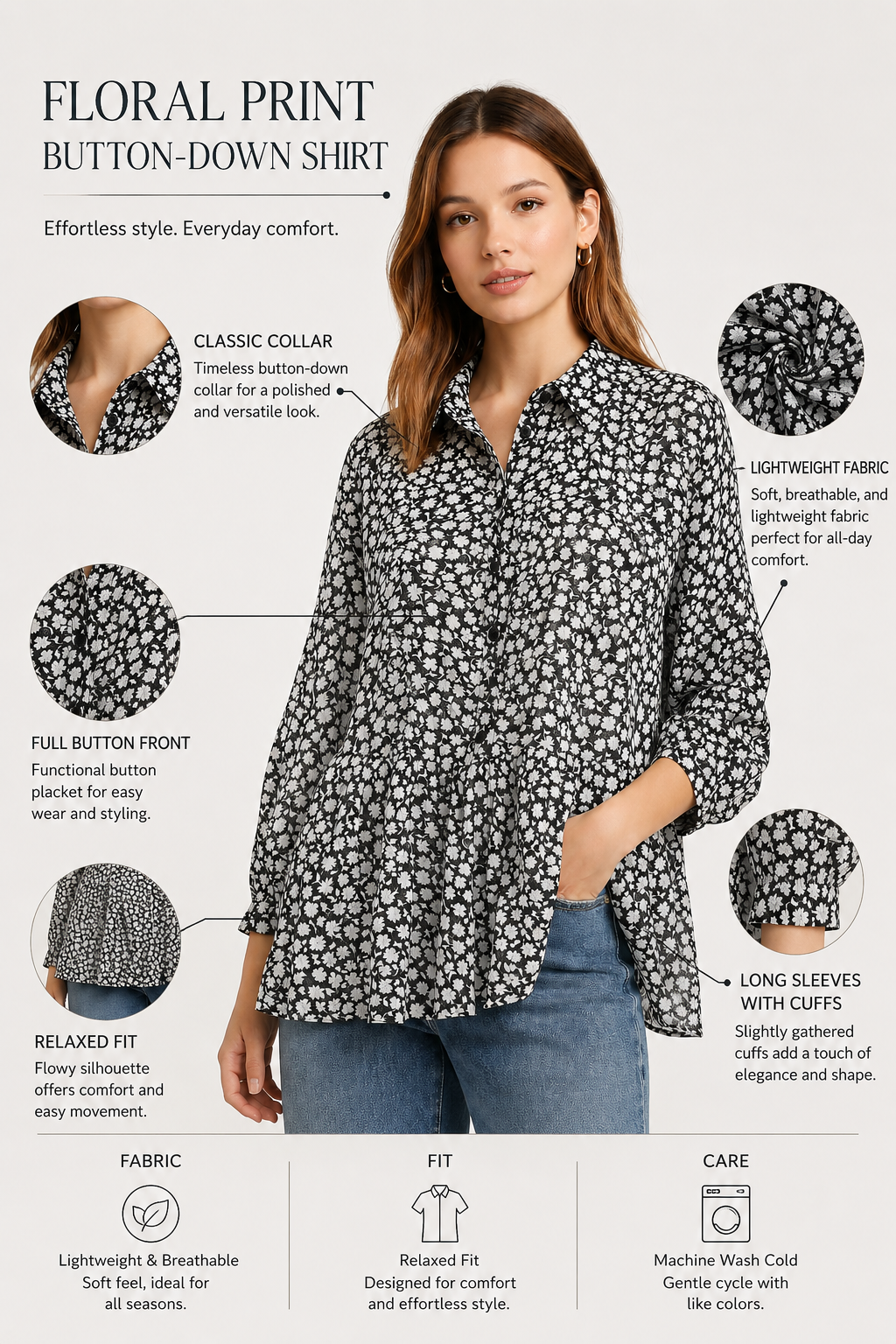 Black Leopard Print Tunic Shirt | Loose Fit Long Sleeve Peplum Top